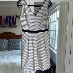 V-Neck Sleeveless White Dress with Black Dot Stripe and Waist Band